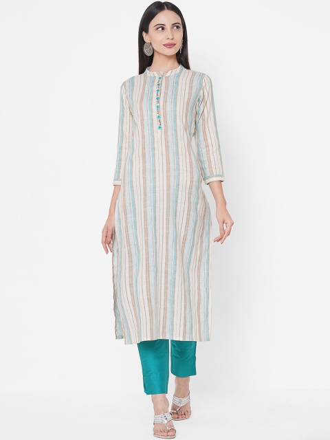 

FASHOR Women Off White Striped Thread Work Kurta