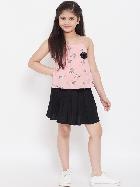 

Stylo Bug Girls Pink & Black Printed Cotton Top with Skirt
