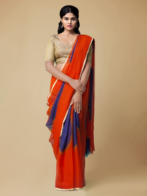 

Unnati Silks Red & Blue Poly Chiffon Printed Patola Saree