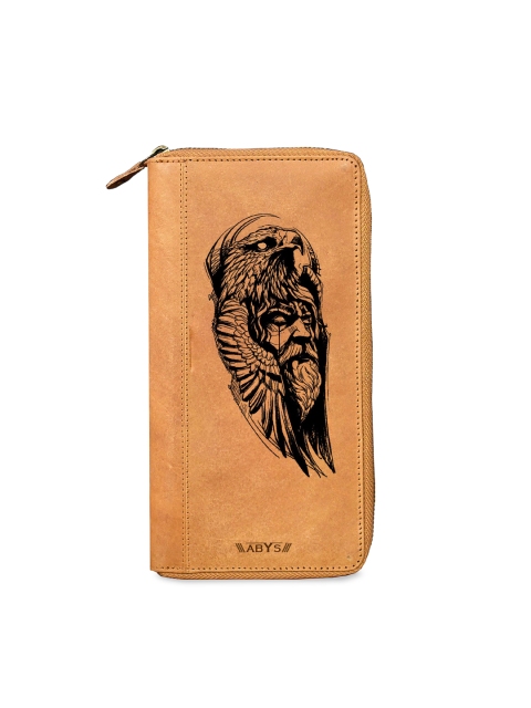 

ABYS Unisex Tan Brown & Black Printed Leather Zip Around Wallet