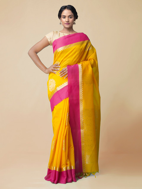 

Unnati Silks Yellow Silk Cotton Woven Design Baluchari Saree