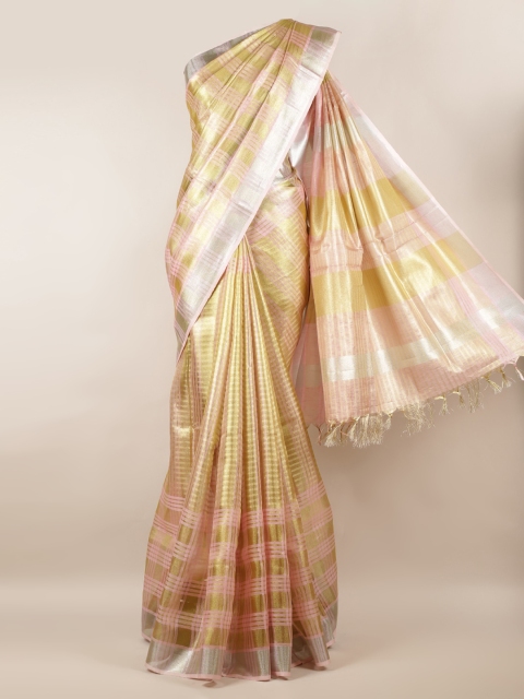 

Pothys Gold-Toned & Pink Linen Blend Striped Saree