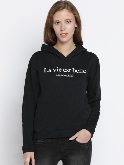 

Pepe Jeans Women Black Printed Hooded Sweatshirt