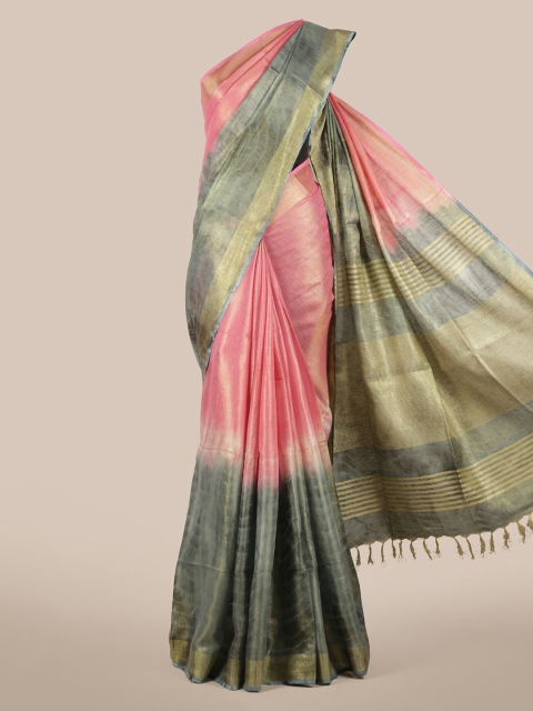 

Pothys Pink & Green Linen Blend Dyed Saree