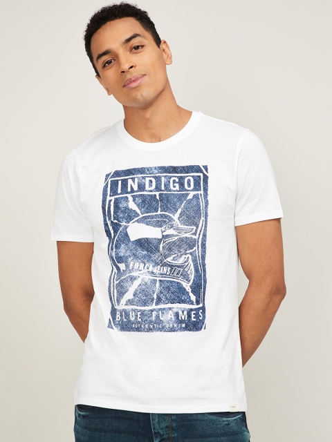

Forca Men White & Navy Blue Printed Round Neck T-shirt
