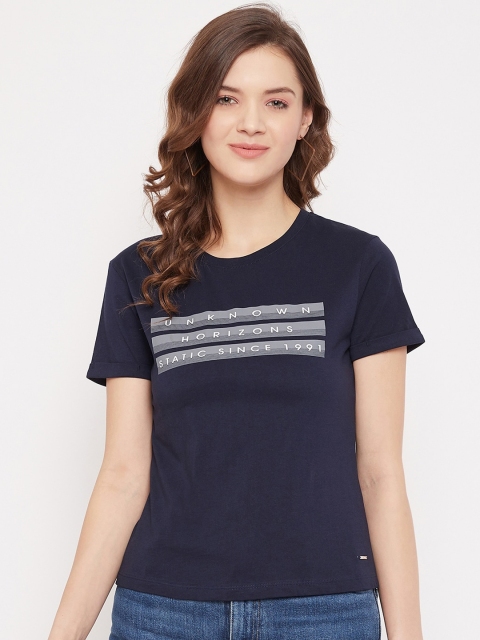 Octave Women Navy Blue Printed Round Neck T-shirt
