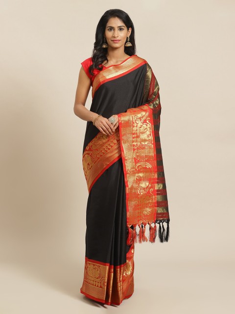 

Mitera Black & Orange Silk Blend Solid Banarasi Saree