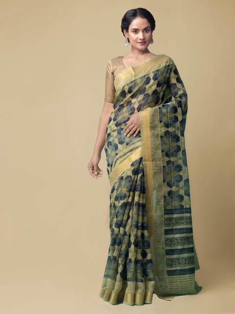 

Unnati Silks Green Silk Cotton Printed Chanderi Saree