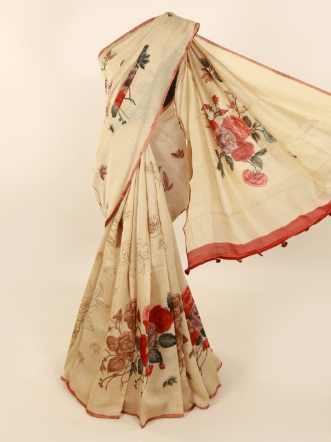 

Pothys Cream-Coloured Printed Pure Silk Saree