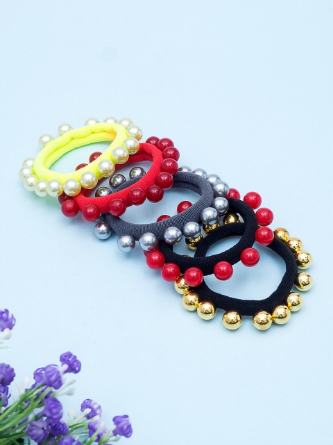 

Golden Peacock Women Set of 5 Beaded Ponytail Holders, Red