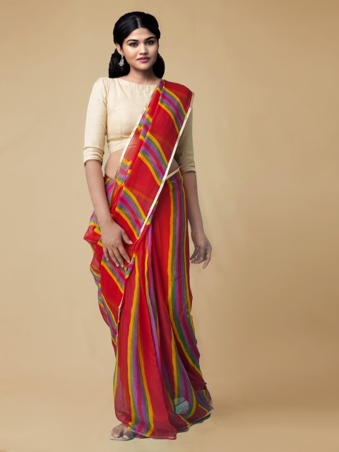 

Unnati Silks Red & Green Poly Chiffon Striped Saree