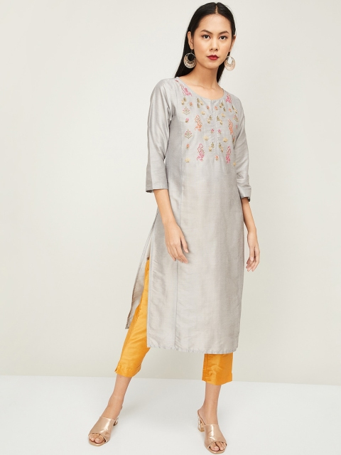

Melange by Lifestyle Women Grey & Yellow Embroidered Kurta with Trousers