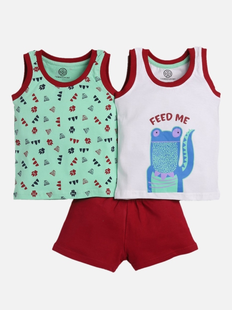 

TAMBOURINE Boys White & Green Printed T-shirt with Shorts