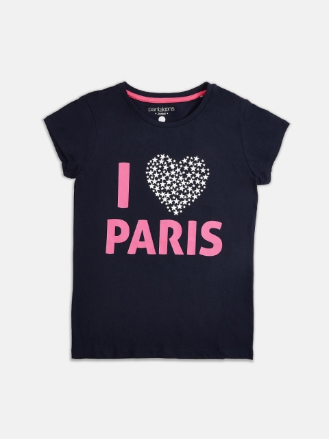 

Pantaloons Junior Girls Navy Blue Pink Printed Round Neck Pure Cotton T-shirt