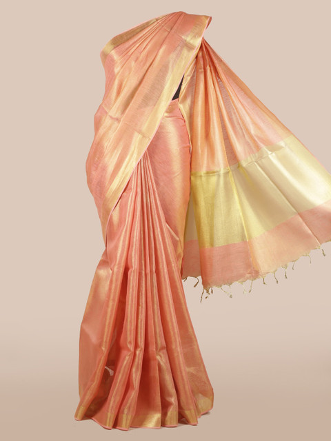 

Pothys Peach-Coloured & Gold-Toned Linen Blend Solid Saree With Zari Border