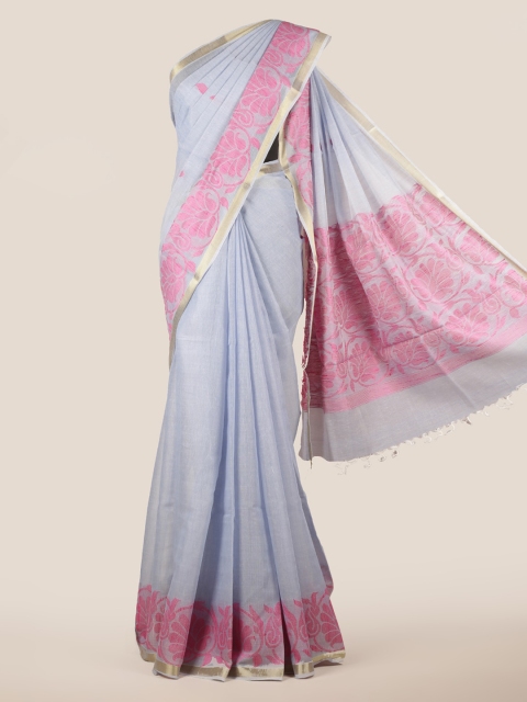 

Pothys Blue & Pink Linen Blend Solid Saree With Tasselled Pallu