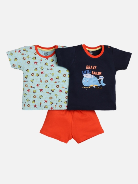 

TAMBOURINE Boys Blue & Orange Printed Pack of 2 T-shirts with 1 Solid Shorts