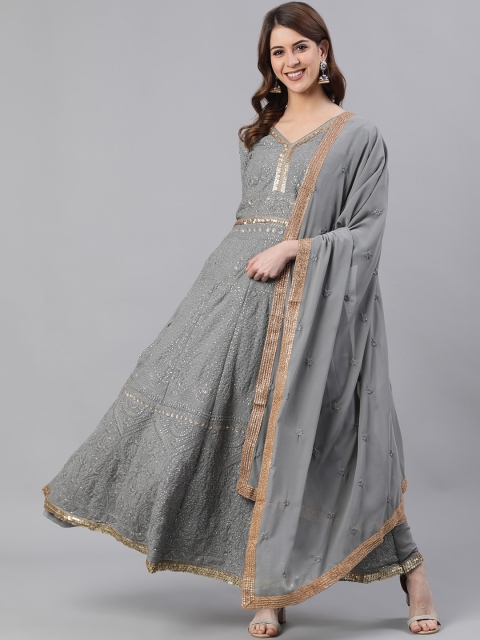 

Ishin Grey Chikankari Embroidered Georgette Anarkali Kurta With Dupatta