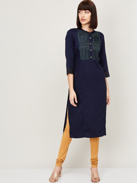 

Melange by Lifestyle Navy Blue Yoke Design Thread Work Kurta