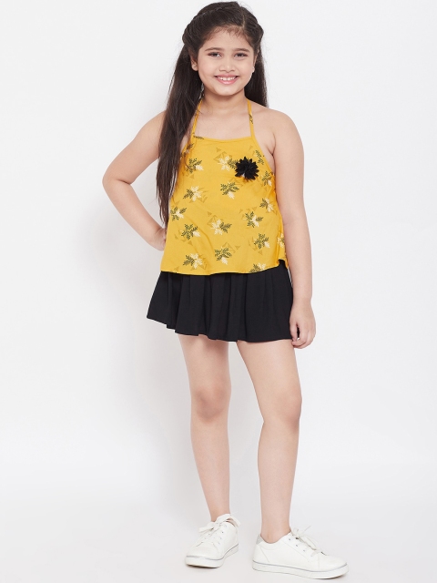 

Stylo Bug Girls Yellow & Black Printed Top with Skirt