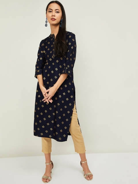 

Melange by Lifestyle Women Navy Blue Woven Design Straight Kurta