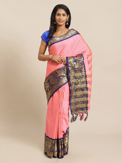 

Mitera Pink & Gold-Toned Silk Blend Solid Banarasi Saree