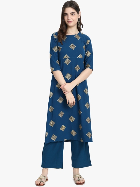 

ALC Creations Women Teal Blue & Gold Ethnic Motifs Printed A-Line Kurta