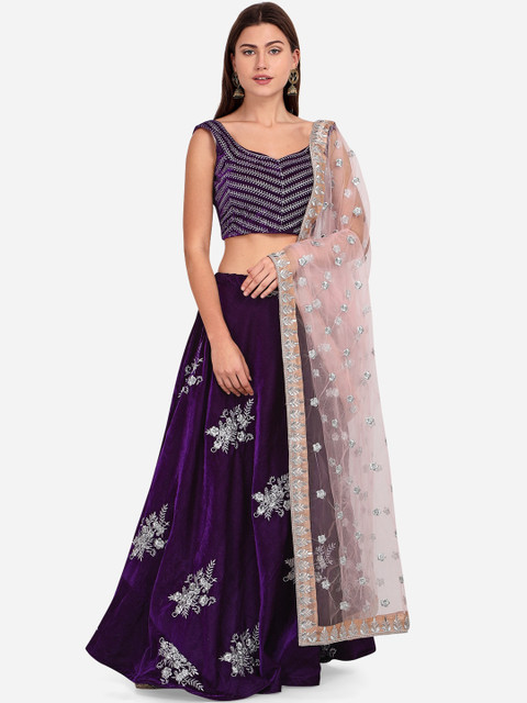 

Mitera Purple & Silver Embroidered Semi-Stitched Lehenga & Unstitched Blouse with Dupatta