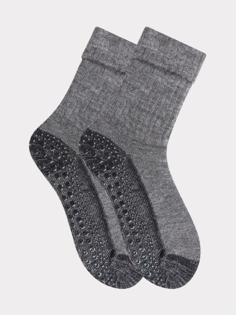 

Bonjour Women Grey & Black Solid Anti-Skid Woolen Calf Length Socks