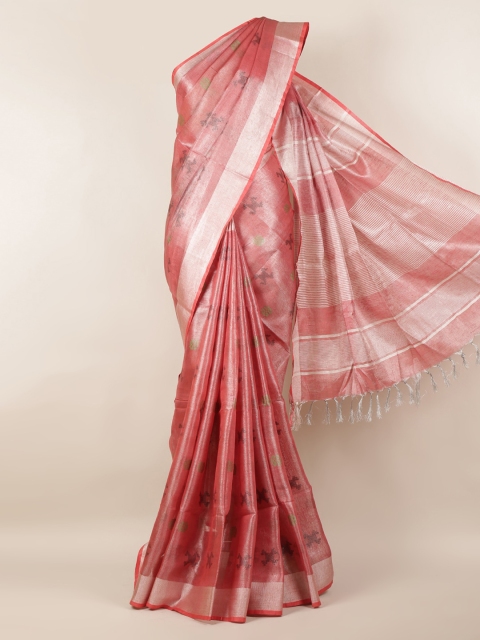 

Pothys Pink & Silver-Toned Linen Blend Woven Design Saree With Zari Border