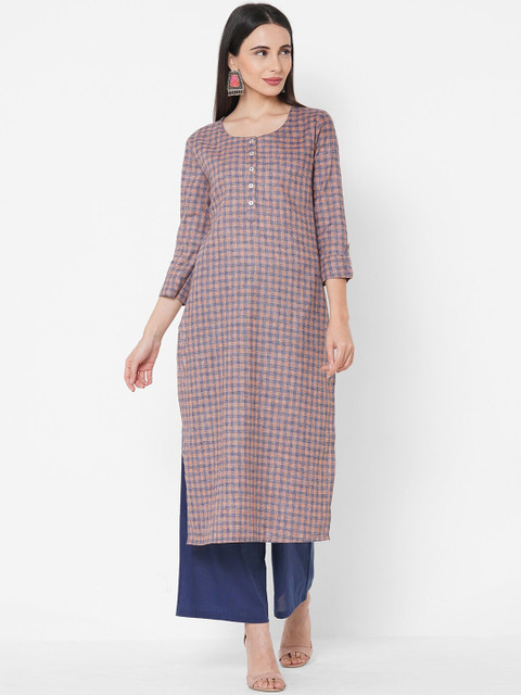 

FASHOR Orange & Blue Checked Kurta