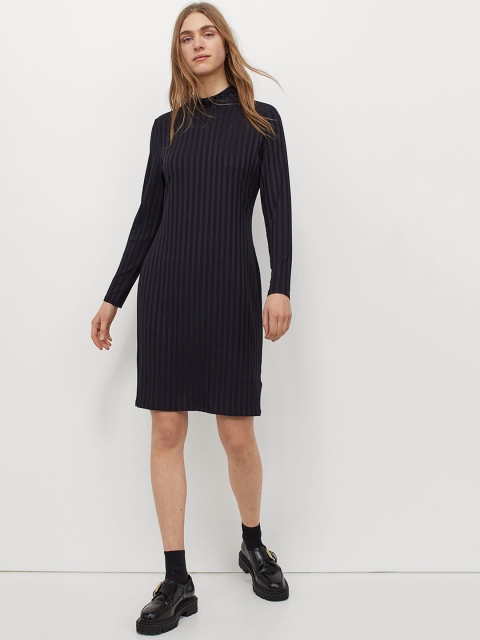 

H&M Women Navy Blue Ribbed Polo-Neck Dress