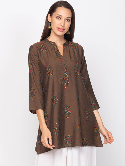 

TANKHI Brown & Red Floral Embroidered V-Neck Kurti