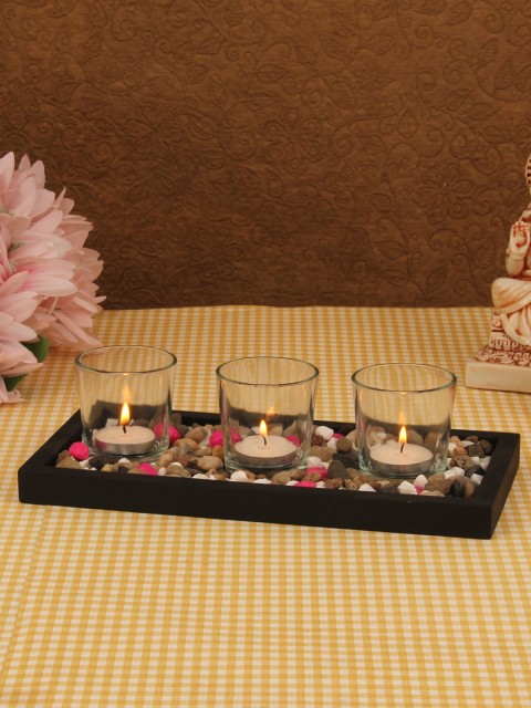 

TIED RIBBONS Set Of 3 Transparent & Brown Tealight Candle Holders With Wooden Tray