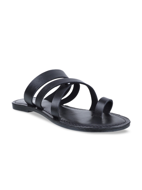 

ELLE Women Black Solid Leather Open Toe Flats