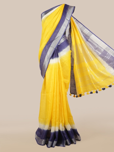 Pothys Yellow Dyed Linen Blend Saree