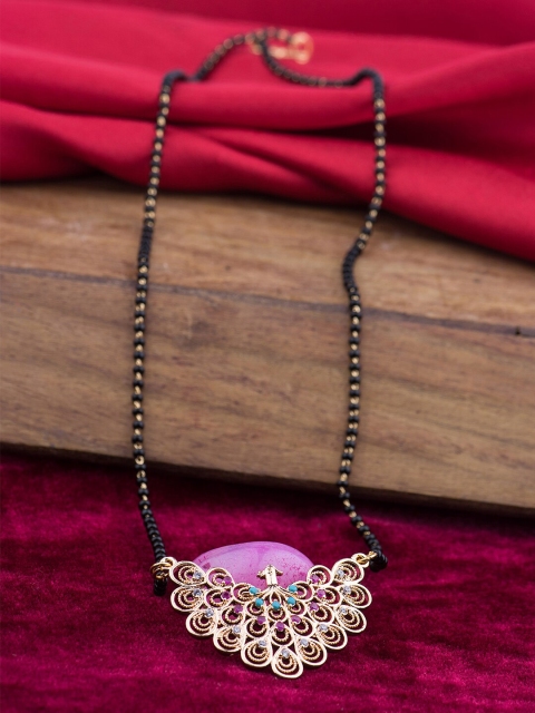 

Alankruthi Gold-Plated Black & Pink Stone-Studded Beaded Mangalsutra