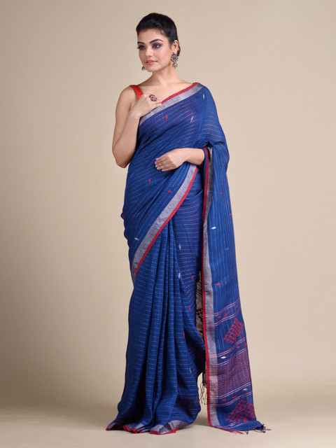 

Mitera Blue Striped Pure Linen Saree