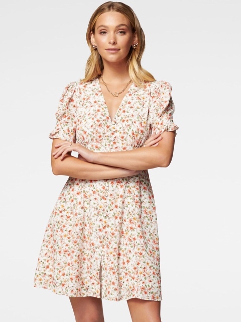 

Forever New Women Orange & Off-White floral Printed Fit and Flare Dress