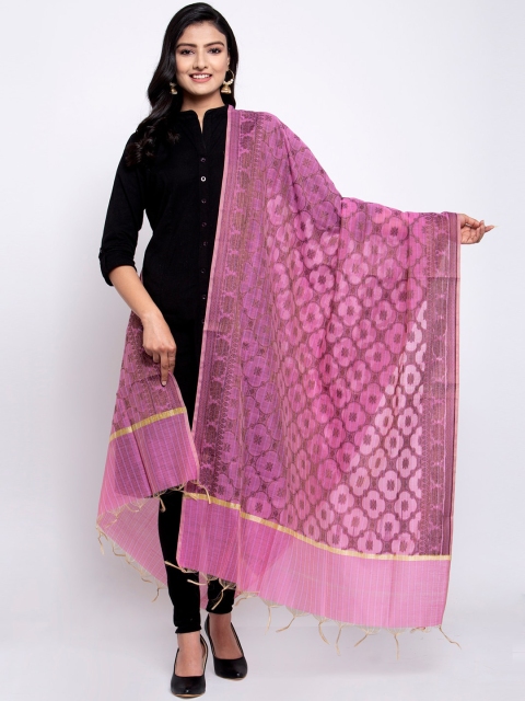 

LOOM LEGACY Pink & Copper-Toned Banarsi Cotton Silk Jacquard Dupatta