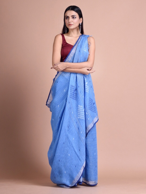 

Mitera Blue Printed Pure Linen Saree