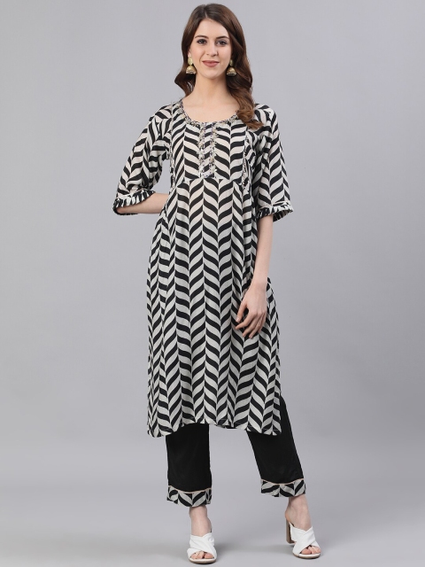 

Ishin Women White & Black Printed Kurta with Trousers