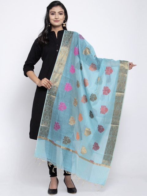

LOOM LEGACY Turquoise Blue & Pink Banarsi Cotton Silk Jacquard Dupatta