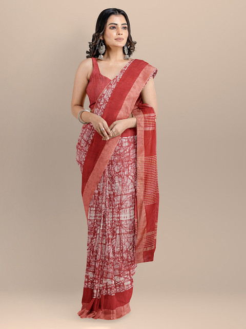 

BharatSthali Red Silk Cotton Printed Narayan Peth Handloom Saree