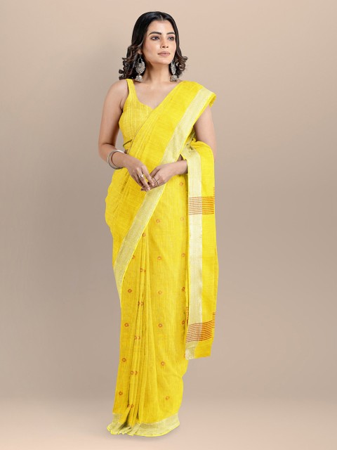 BharatSthali Yellow Pure Cotton Woven Design Taant Saree