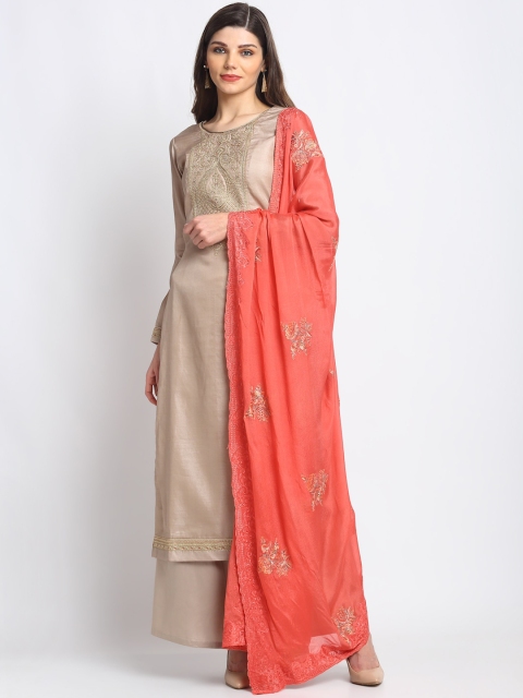 

Stylee LIFESTYLE Beige & Peach-Coloured Tussar Silk Unstitched Dress Material