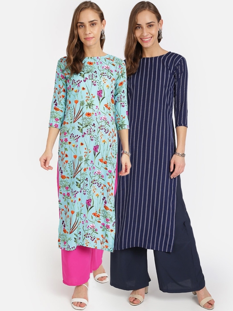 

Florence Women Pack Of 2 Blue Floral Printed Thread Work Crepe Kurtas