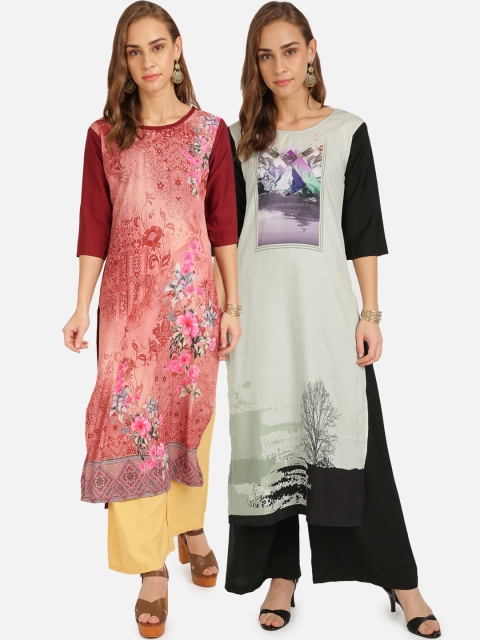 

Florence Pack of 2 Printed Crepe Straight Kurtas, Pink