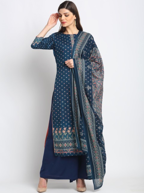 

Stylee LIFESTYLE Navy Blue & Pink Cotton Blend Unstitched Dress Material