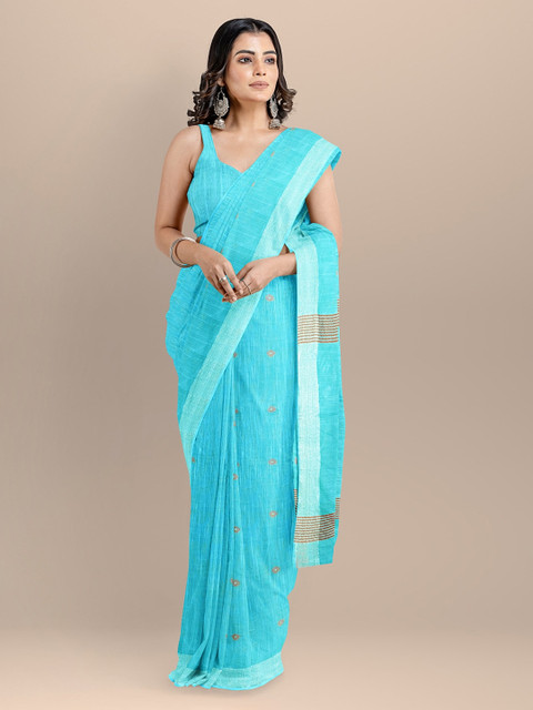 

BharatSthali Blue & Burgundy Pure Cotton Woven Design Taant Handloom Saree